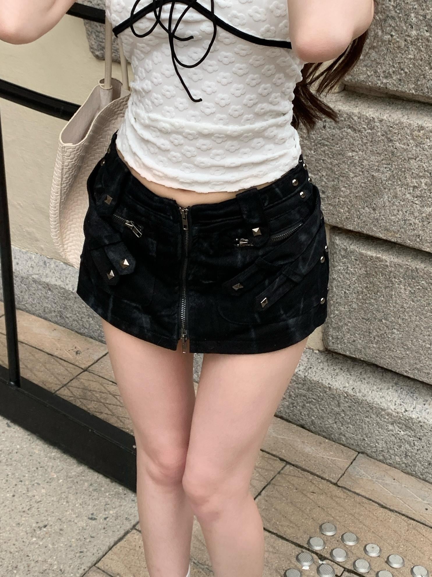 PoopyLii Distressed Black Studded Denim A Line Mid Waist Women's Cotton Mini Skirts