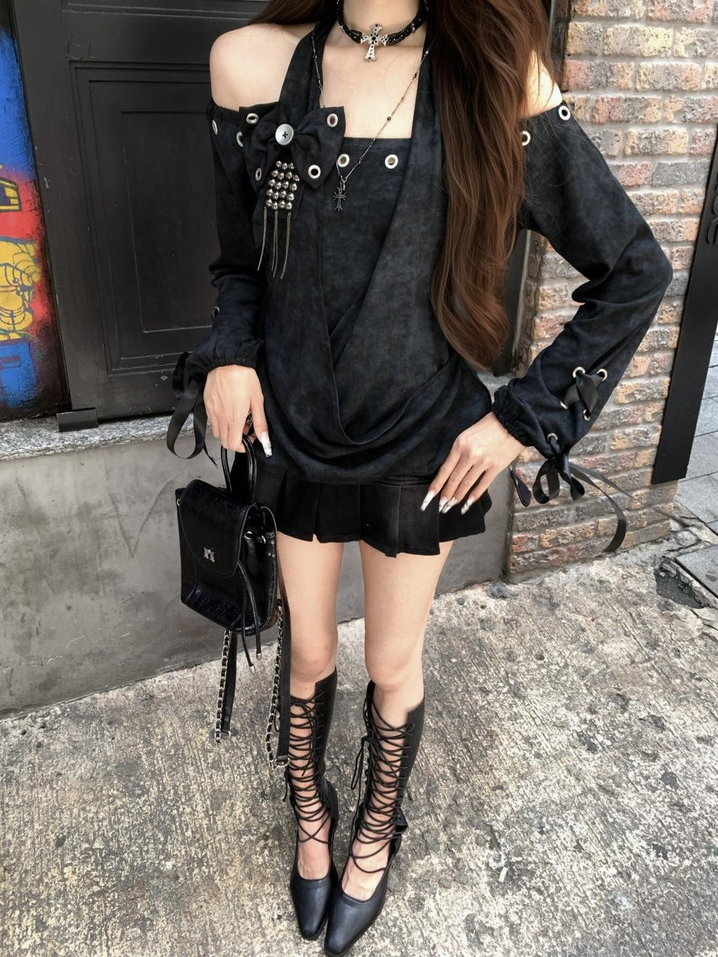 PoopyLii Distressed Draped Off Shoulder Lace Up Waist Cinched Women's Cotton Long Sleeve T-shirts