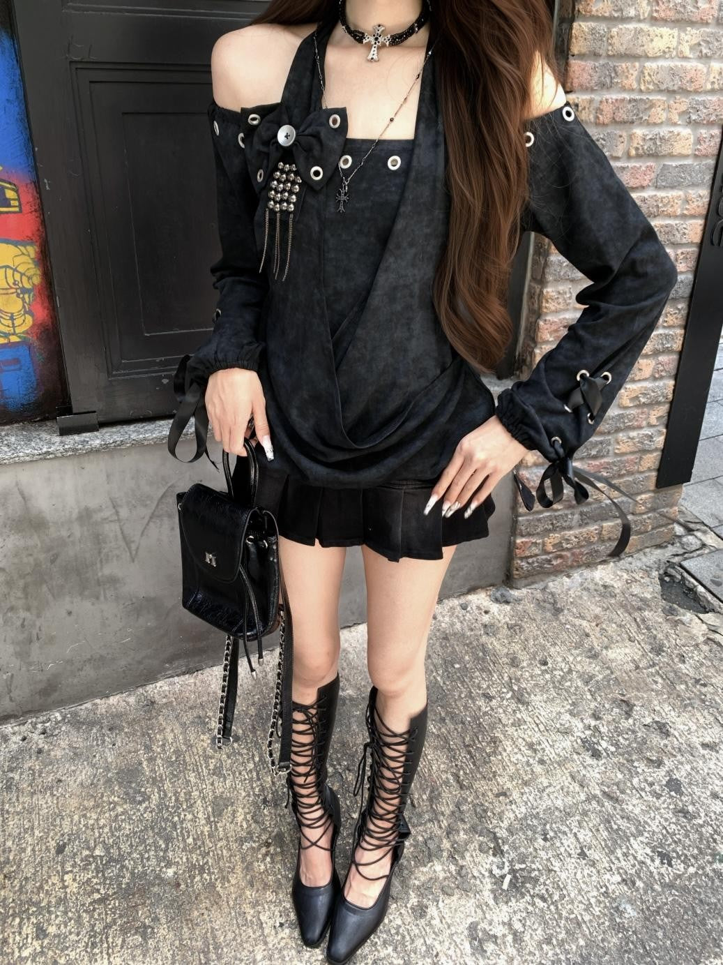 PoopyLii Distressed Draped Off Shoulder Lace Up Waist Cinched Women's Cotton Long Sleeve T-shirts