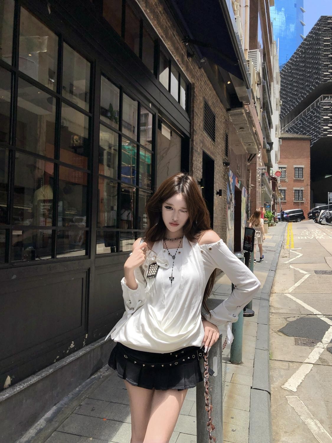 PoopyLii Distressed Draped Off Shoulder Lace Up Waist Cinched Women's Cotton Long Sleeve T-shirts