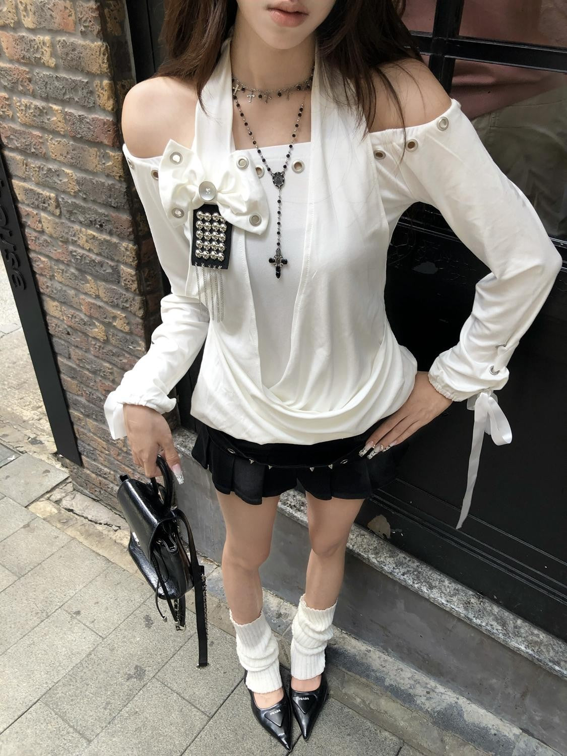 PoopyLii Distressed Draped Off Shoulder Lace Up Waist Cinched Women's Cotton Long Sleeve T-shirts