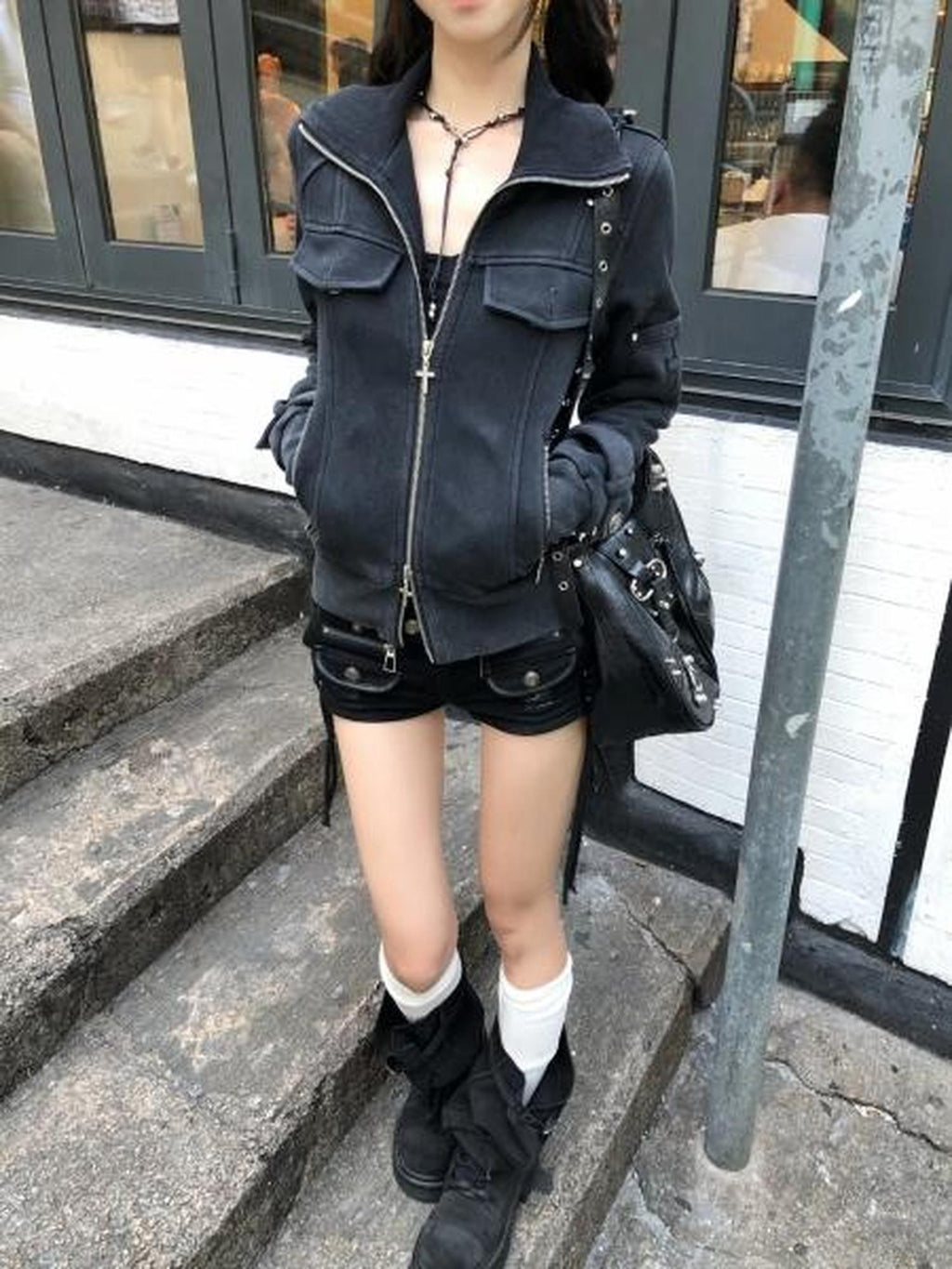 PoopyLii Distressed Metal Zipper Spliced Moto Women's Cotton Blend Cropped Jackets