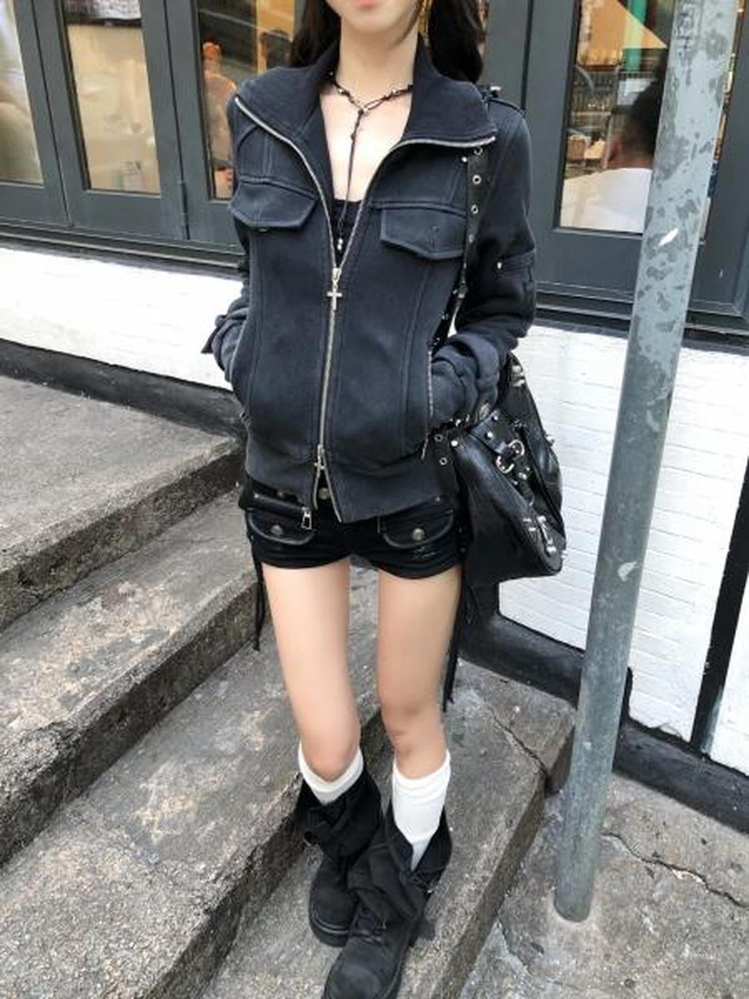 PoopyLii Distressed Metal Zipper Spliced Moto Women's Cotton Blend Cropped Jackets