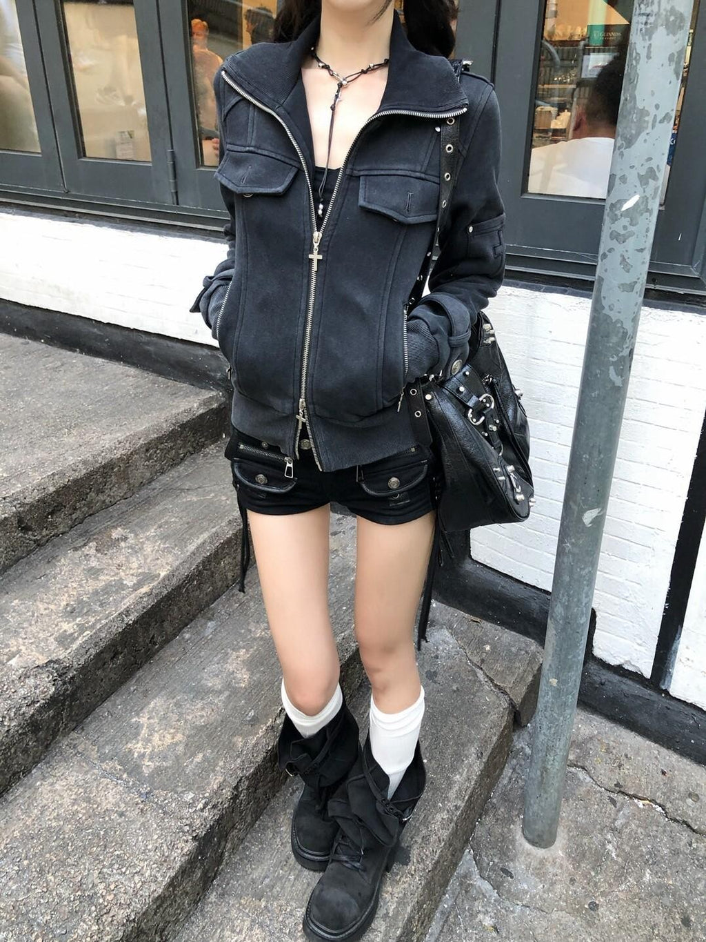 PoopyLii Distressed Metal Zipper Spliced Moto Women's Cotton Blend Cropped Jackets