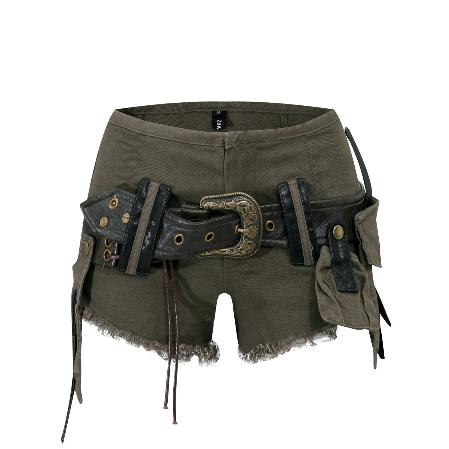 PoopyLii_Distressed_Raw_Hem_Low_Rise_Belted_Cargo_Women's_Denim_Shorts_1057996316055_MISSTT