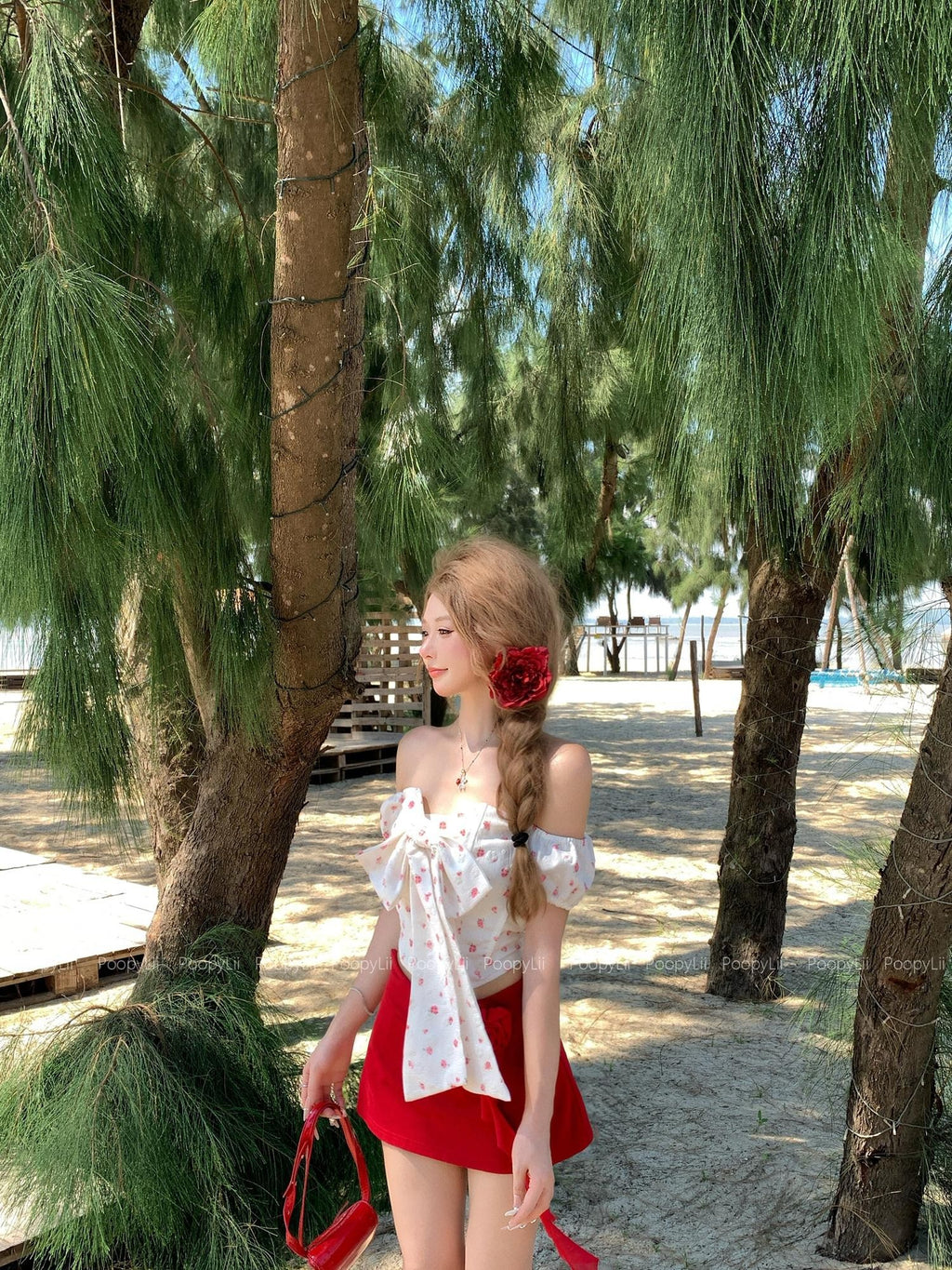PoopyLii Ditsy Floral Bow Off Shoulder Puff Sleeve Women's Polyester Matching Skirt Sets