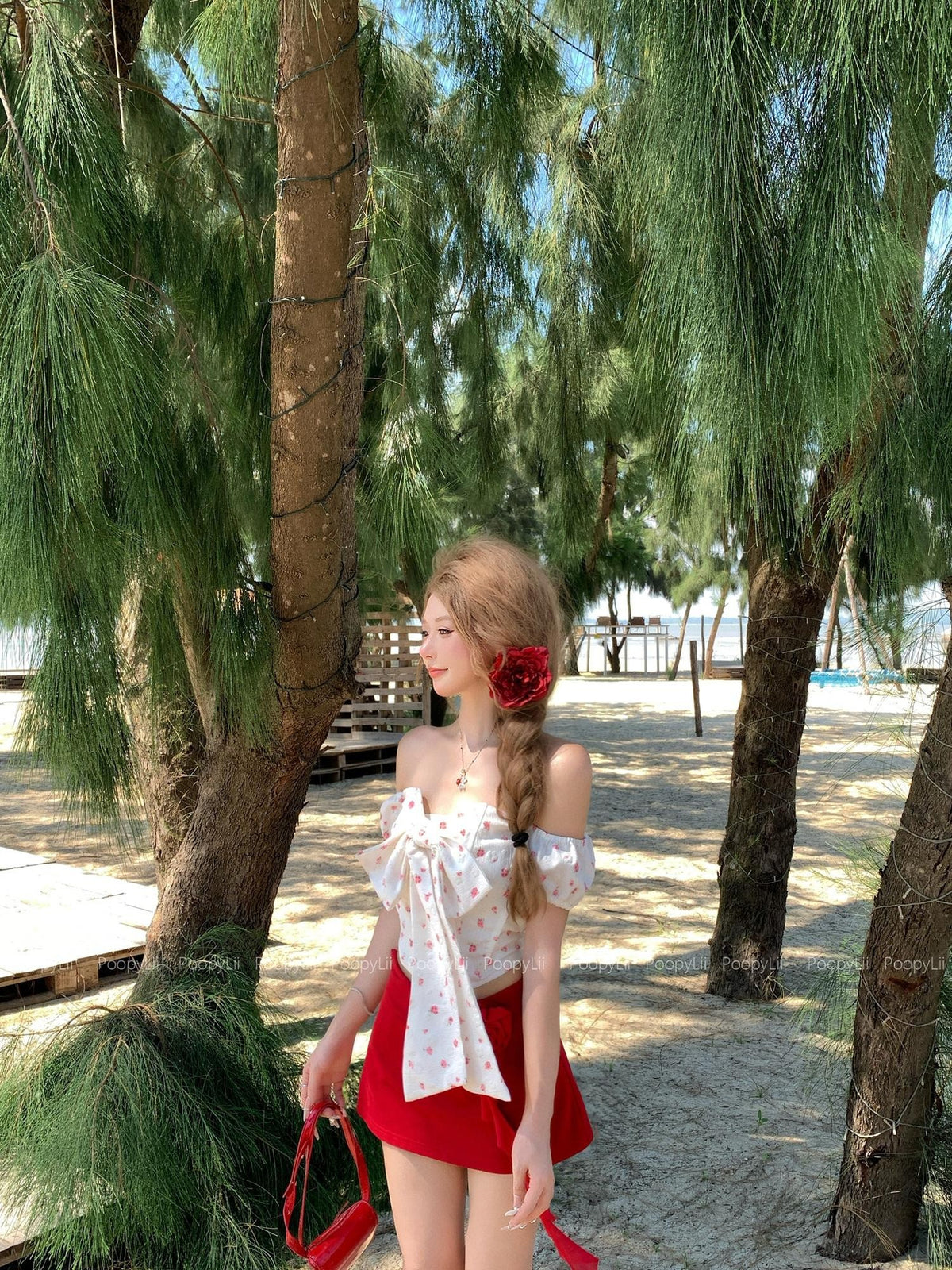 PoopyLii Ditsy Floral Bow Off Shoulder Puff Sleeve Women's Polyester Matching Skirt Sets