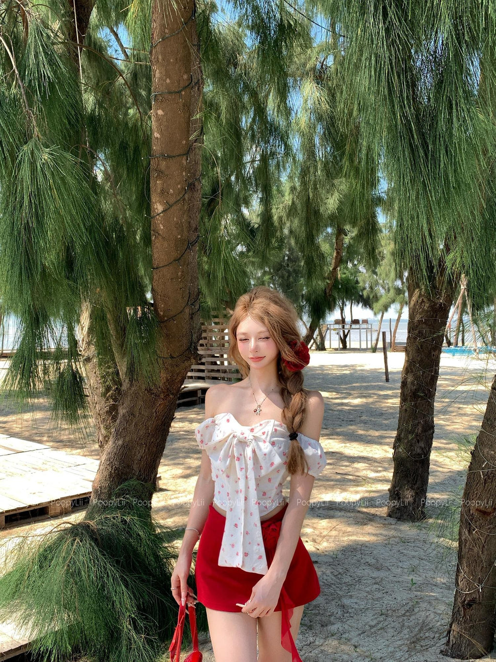 PoopyLii Ditsy Floral Bow Off Shoulder Puff Sleeve Women's Polyester Matching Skirt Sets