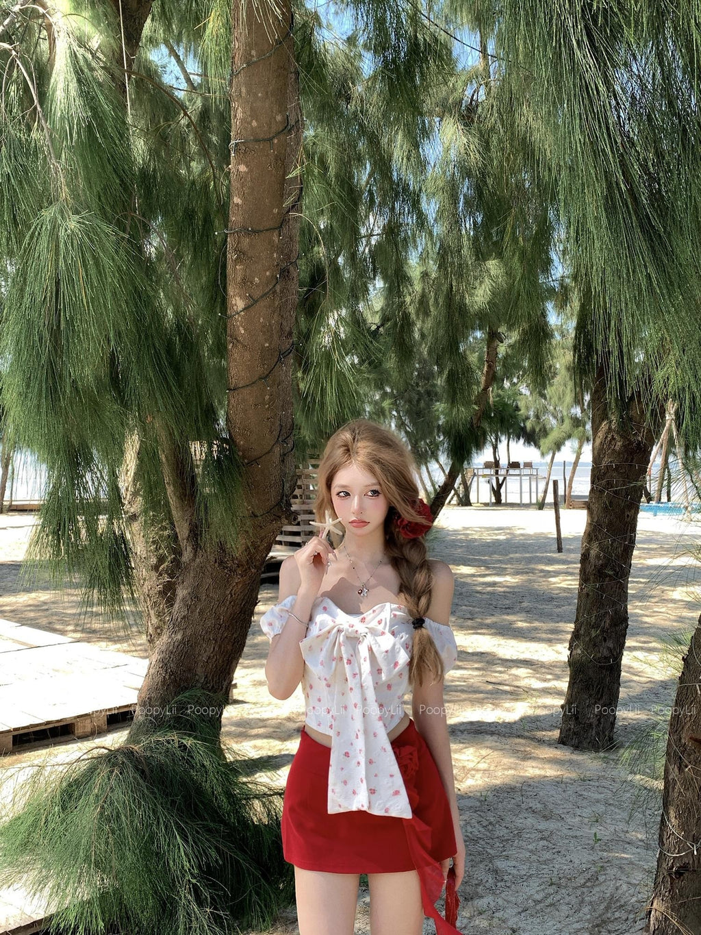 PoopyLii Ditsy Floral Bow Off Shoulder Puff Sleeve Women's Polyester Matching Skirt Sets