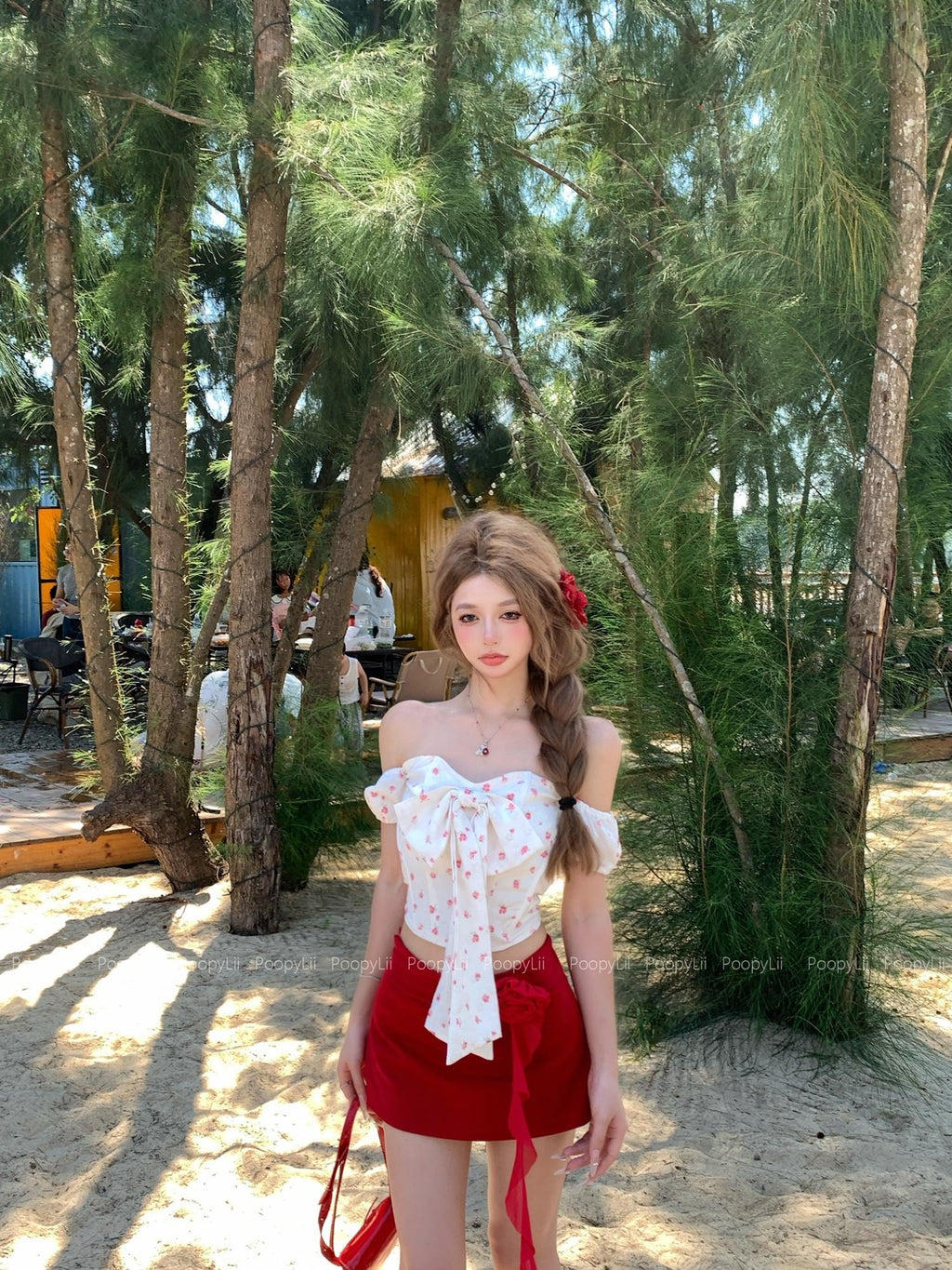 PoopyLii Ditsy Floral Bow Off Shoulder Puff Sleeve Women's Polyester Matching Skirt Sets