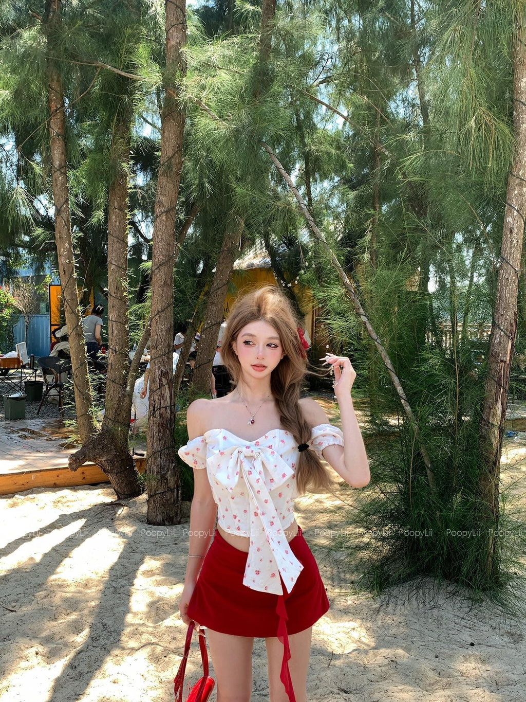 PoopyLii Ditsy Floral Bow Off Shoulder Puff Sleeve Women's Polyester Matching Skirt Sets
