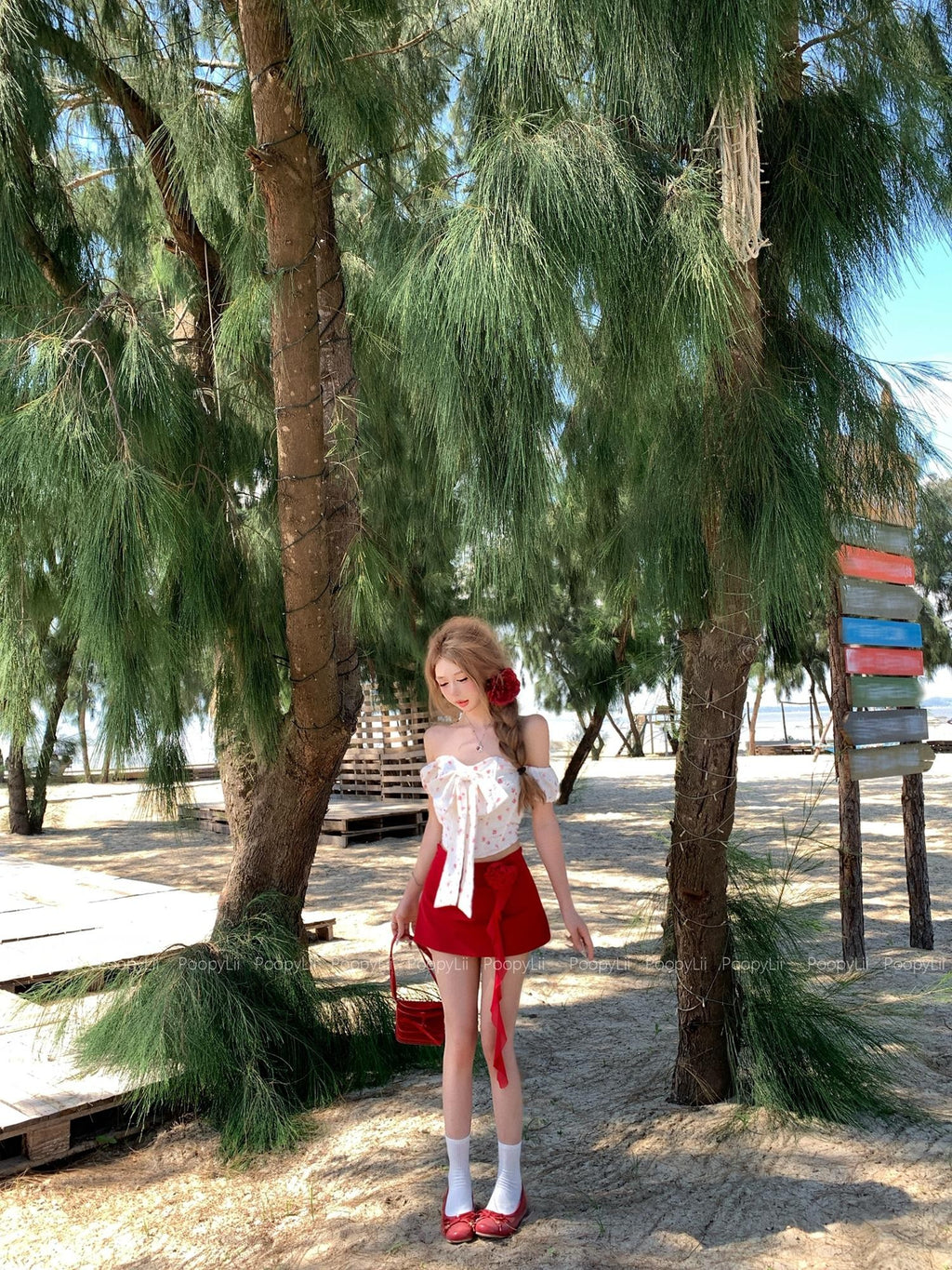 PoopyLii Ditsy Floral Bow Off Shoulder Puff Sleeve Women's Polyester Matching Skirt Sets