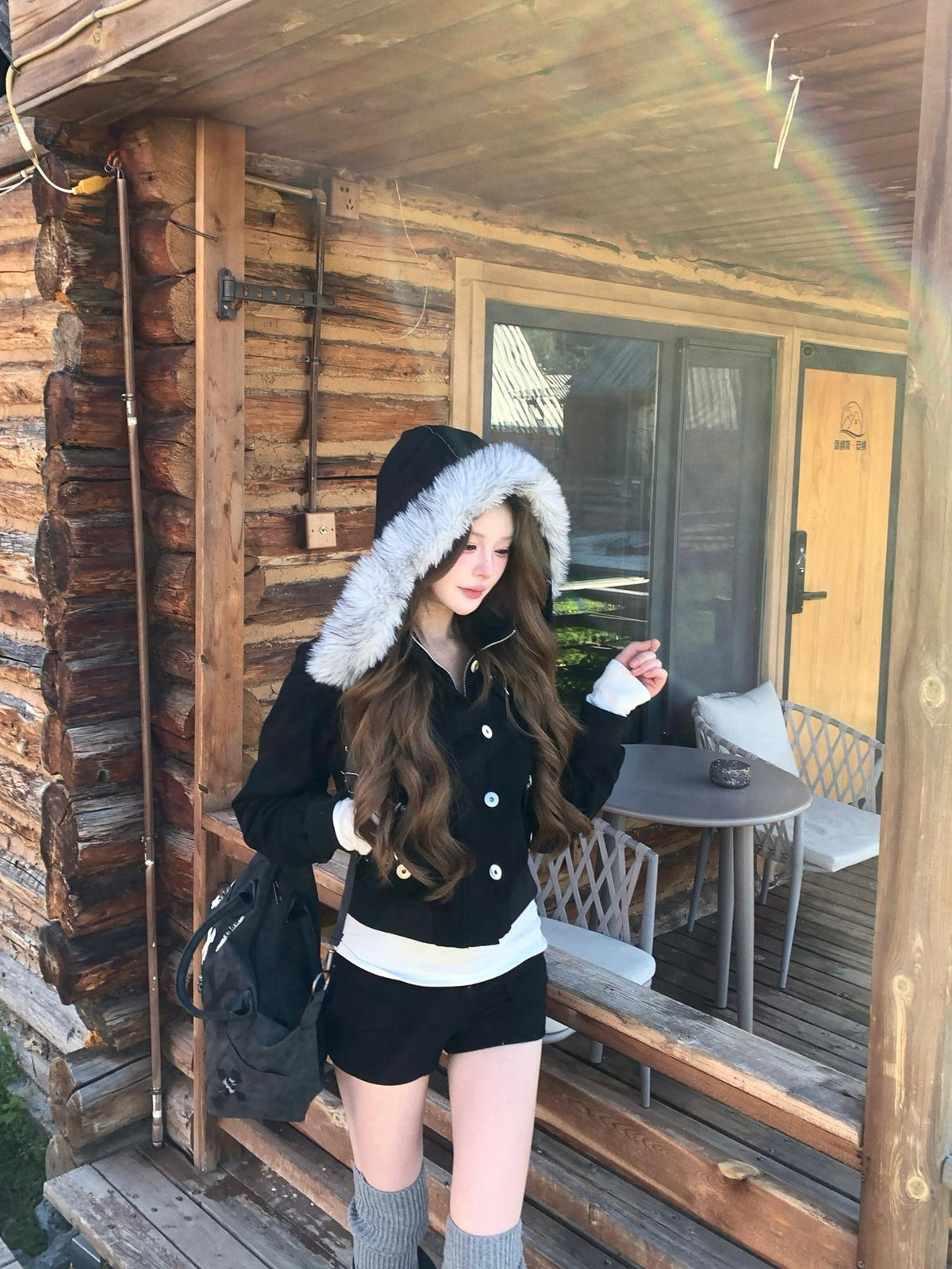 PoopyLii Embroidered Detachable Fur Hood Zip Up Women's Cotton Casual Jackets