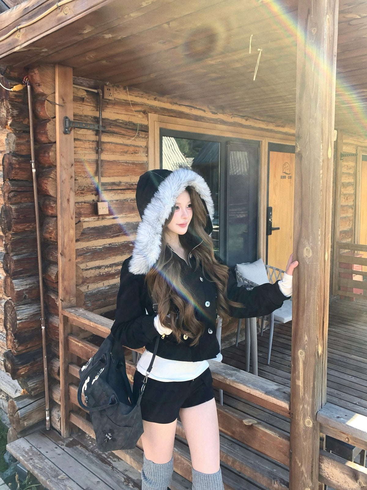 PoopyLii Embroidered Detachable Fur Hood Zip Up Women's Cotton Casual Jackets