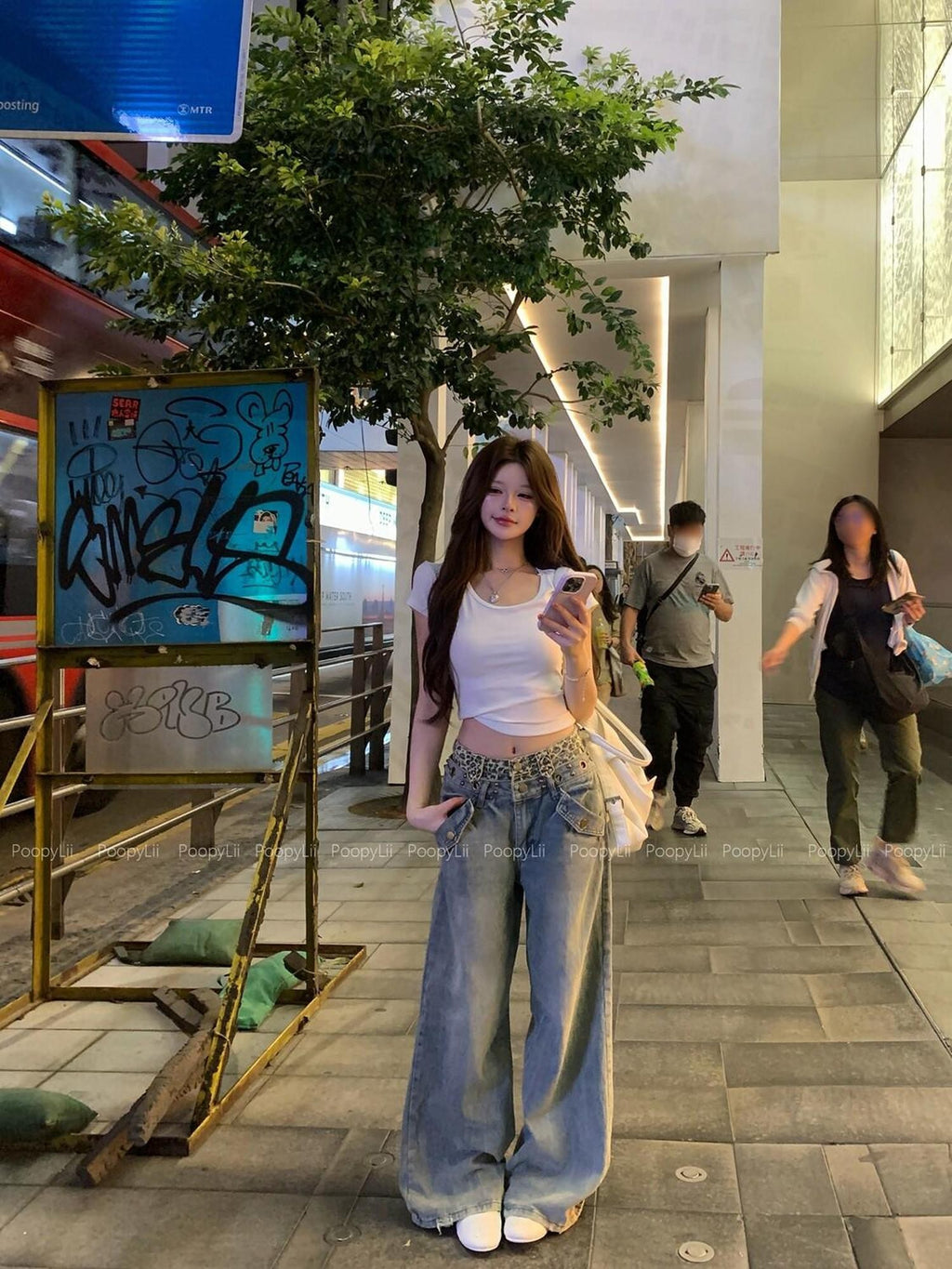 PoopyLii Floor Length Vintage Distressed Slimming Women's Denim Wide-leg Jeans