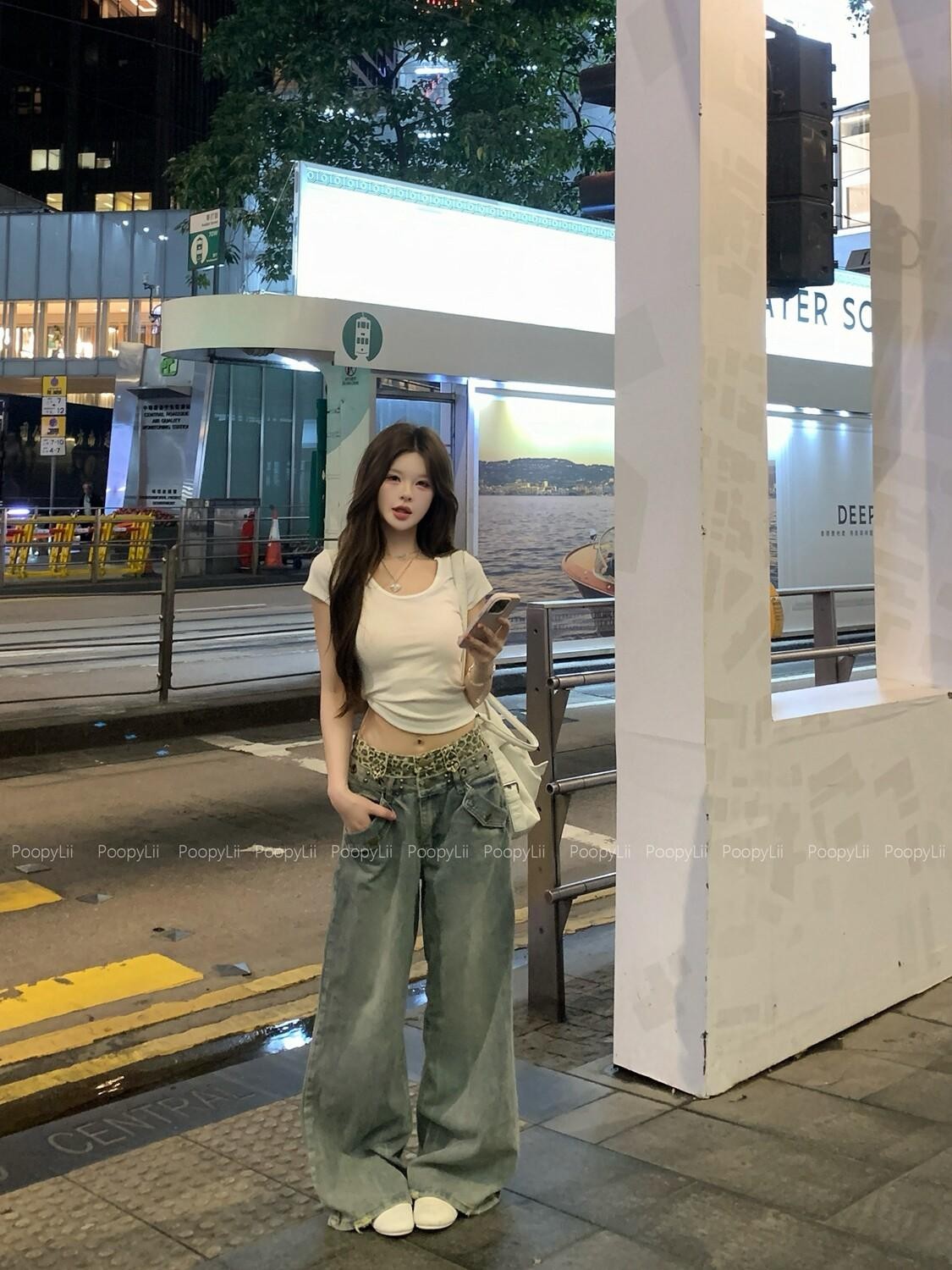 PoopyLii Floor Length Vintage Distressed Slimming Women's Denim Wide-leg Jeans
