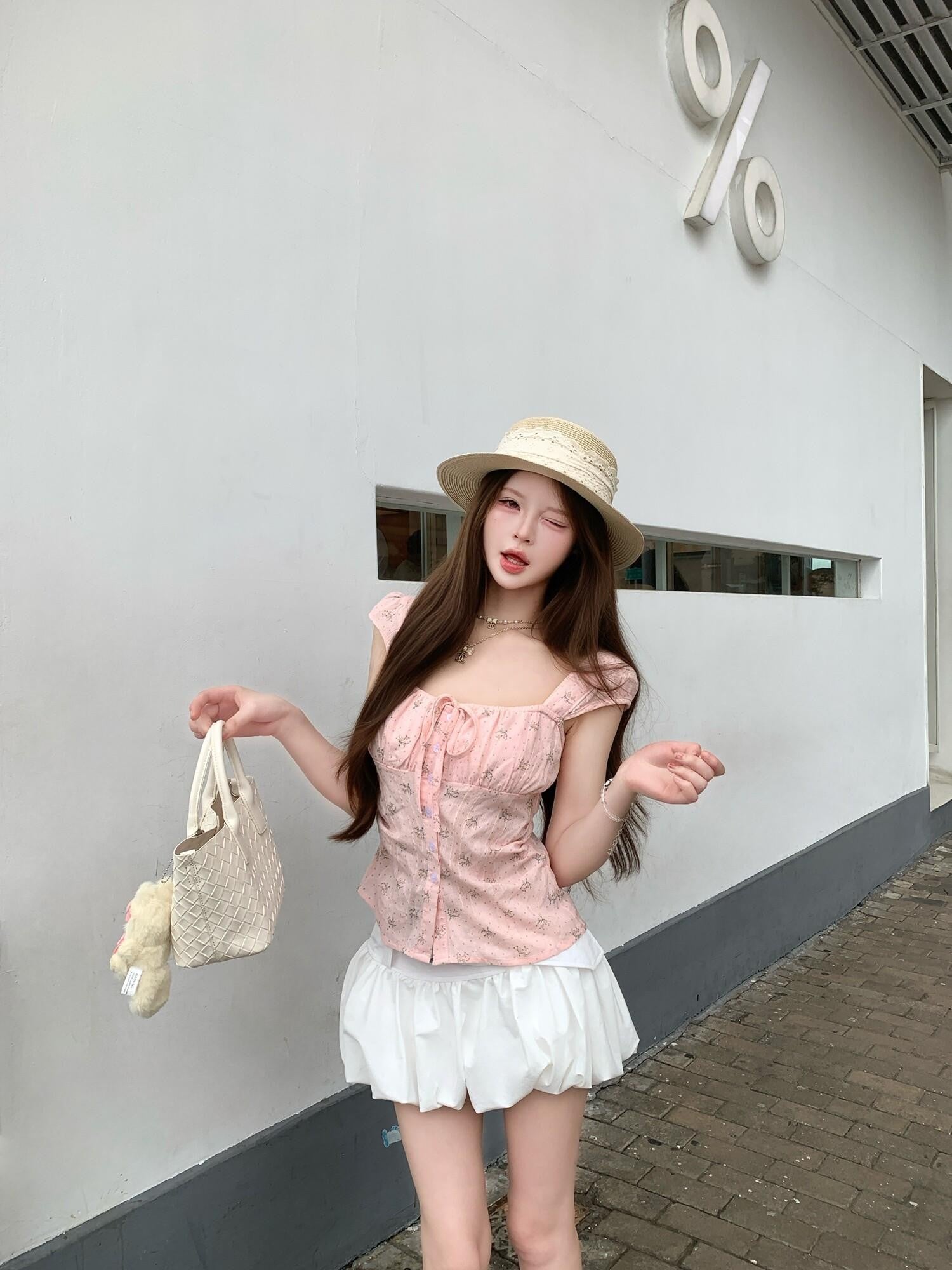 PoopyLii Flower Bud Bubble Hem A Line Metal Buckle Belt Women's Mini Skirts