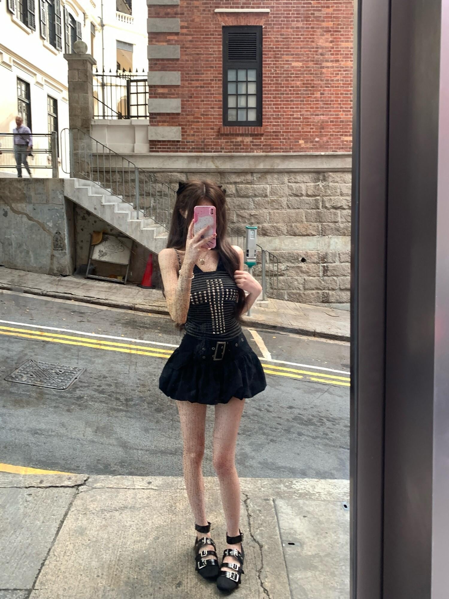 PoopyLii Flower Bud Bubble Hem A Line Metal Buckle Belt Women's Mini Skirts
