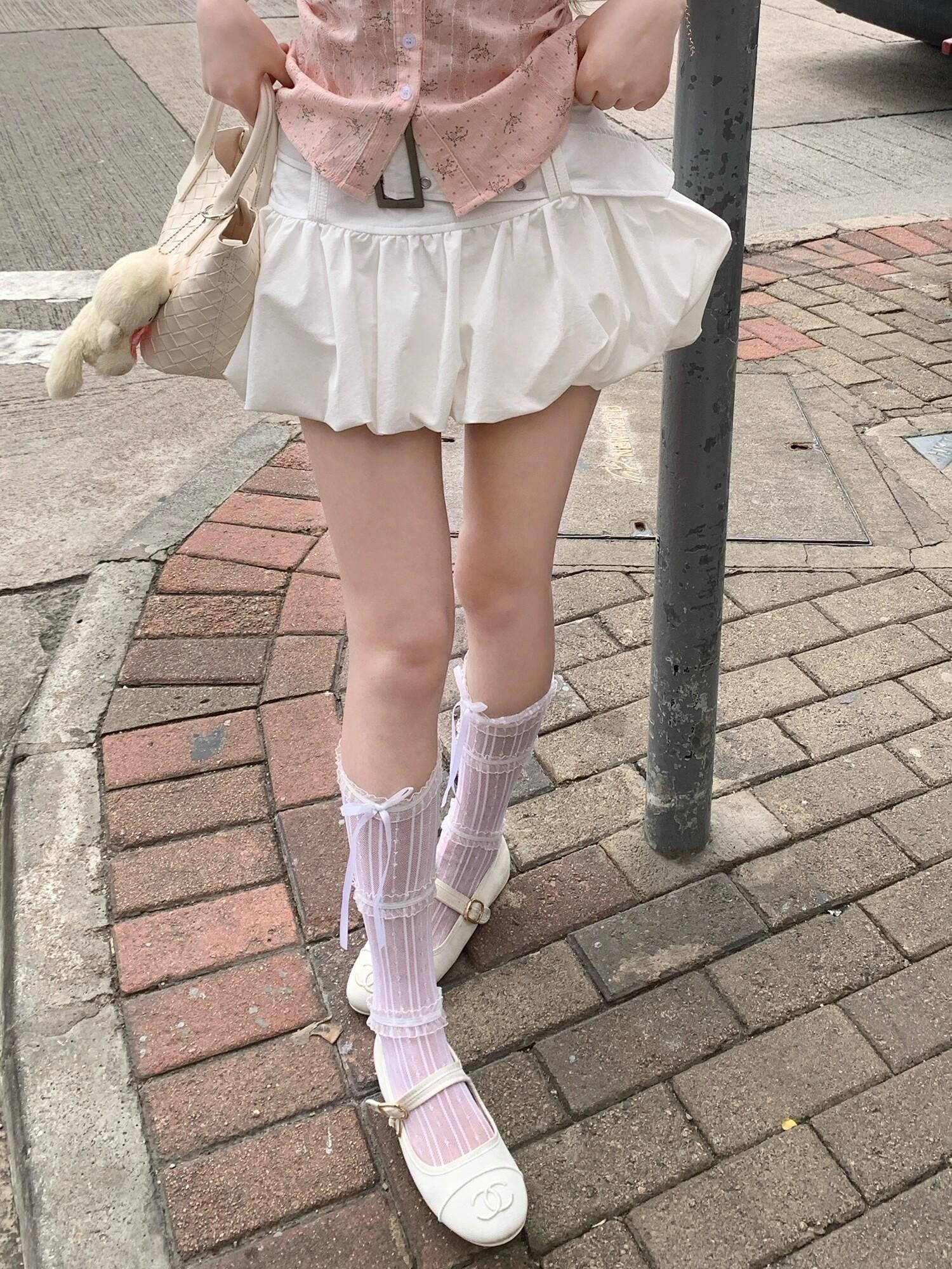 PoopyLii Flower Bud Bubble Hem A Line Metal Buckle Belt Women's Mini Skirts