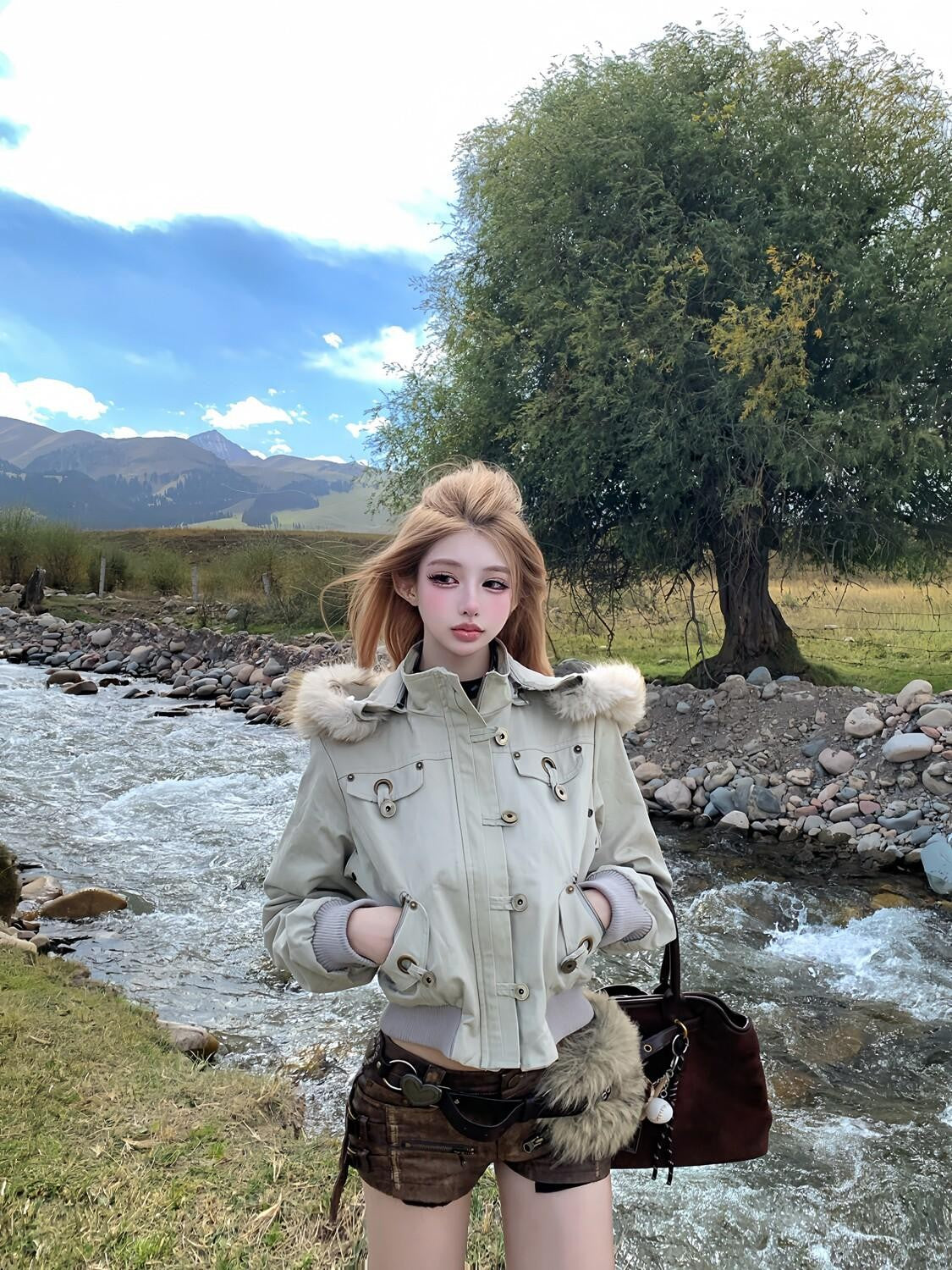 PoopyLii Fur Collar Hooded Button Detail Women's Cotton Puffer Jackets
