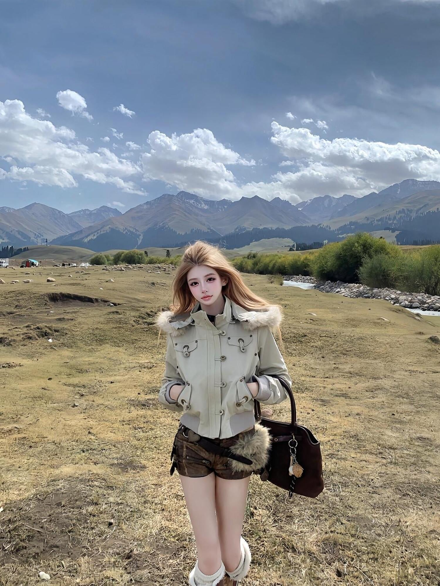 PoopyLii Fur Collar Hooded Button Detail Women's Cotton Puffer Jackets