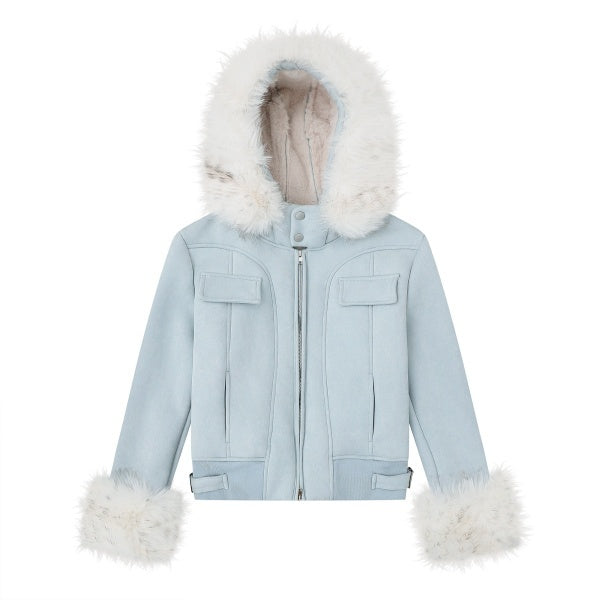 PoopyLii_Fur_Collar_Hooded_Zipper_Side_Seam_Pocket_Waist_Women's_Suede_Cropped_Jackets_985122125496_MISSTT
