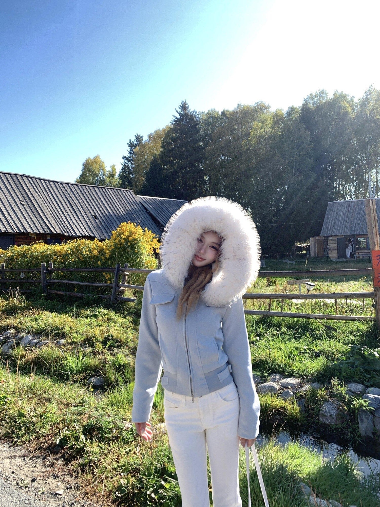 PoopyLii Fur Collar Hooded Zipper Side Seam Pocket Waist Women's Suede Cropped Jackets