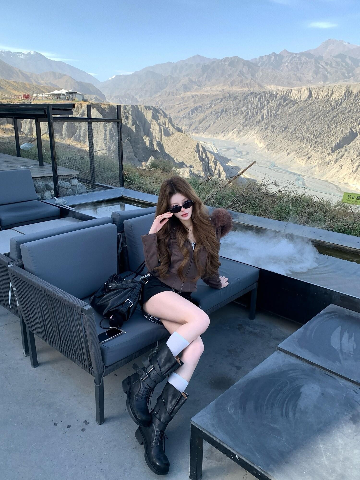 PoopyLii Fur Collar Hooded Zipper Side Seam Pocket Waist Women's Suede Cropped Jackets
