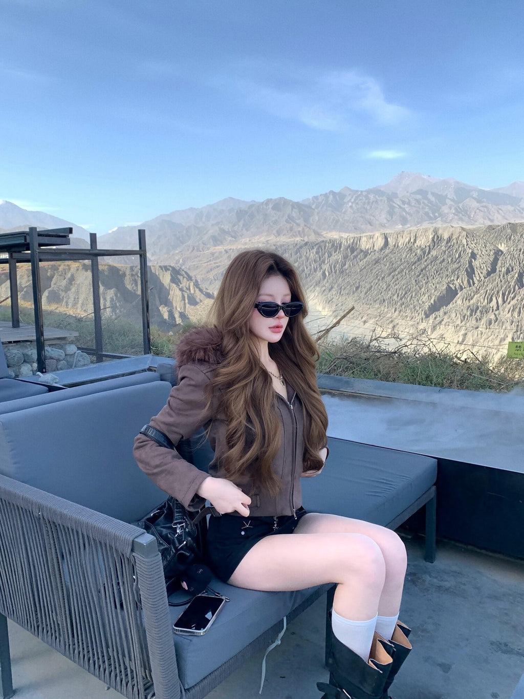 PoopyLii Fur Collar Hooded Zipper Side Seam Pocket Waist Women's Suede Cropped Jackets