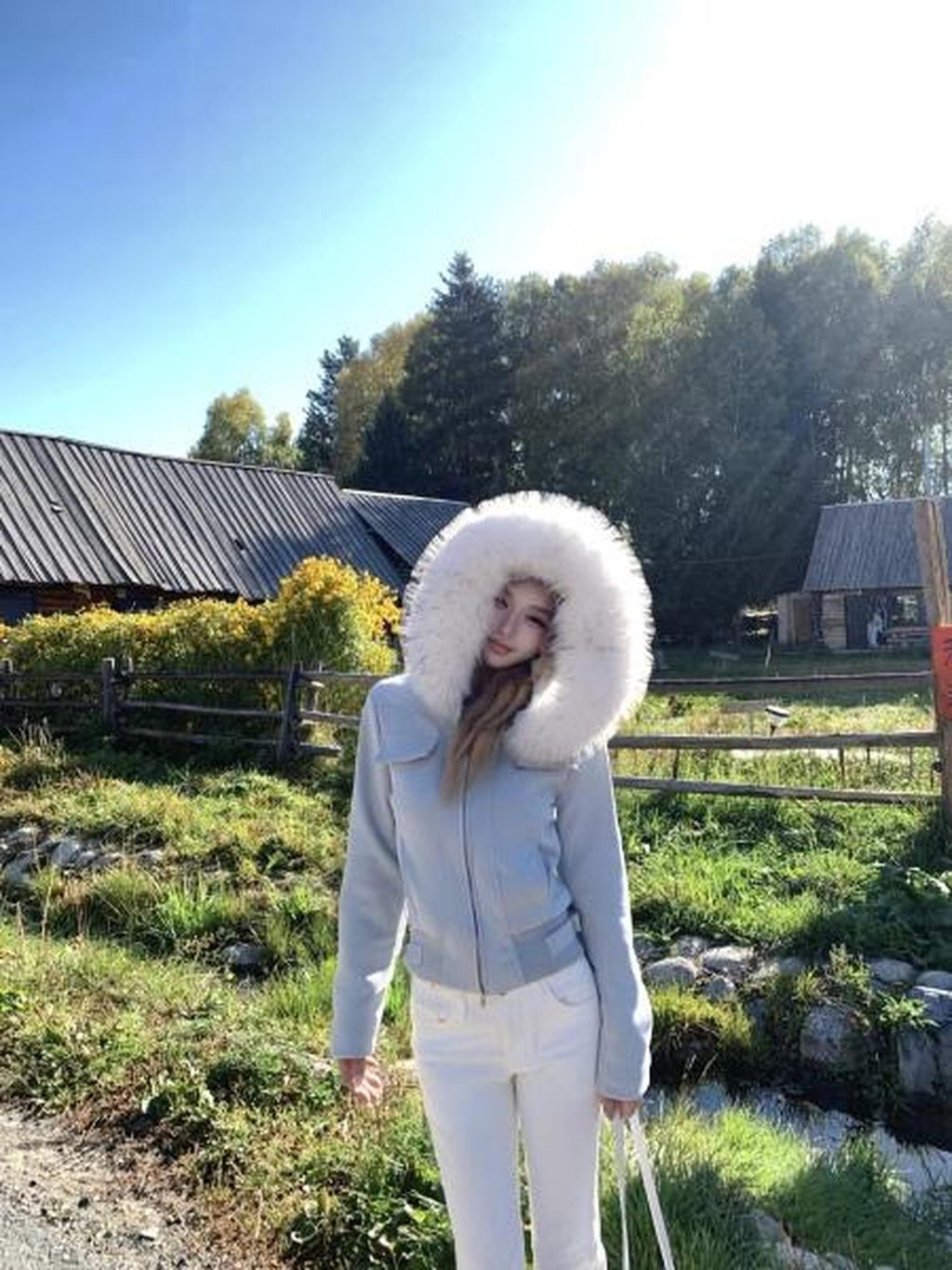 PoopyLii Fur Collar Hooded Zipper Side Seam Pocket Waist Women's Suede Cropped Jackets