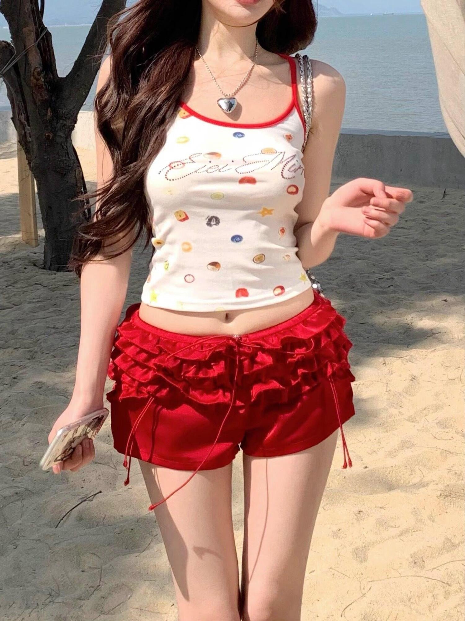 PoopyLii Gathered Ruched Tulip Petal Ruffle Bubble Hem Women's Hot Pants