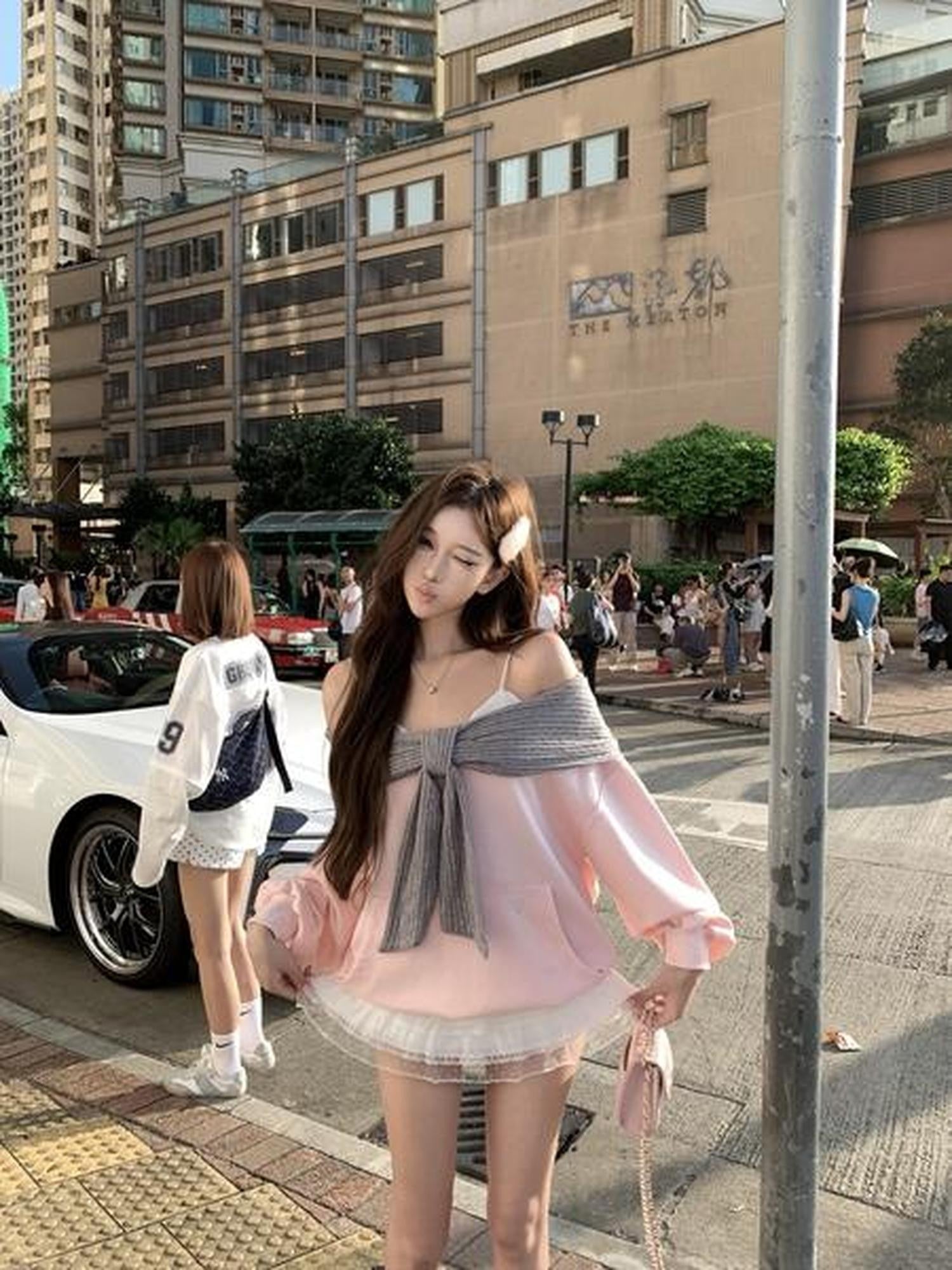 PoopyLii Girly Bow One Shoulder Contrast Hooded Women's Cotton Blend Hoodies