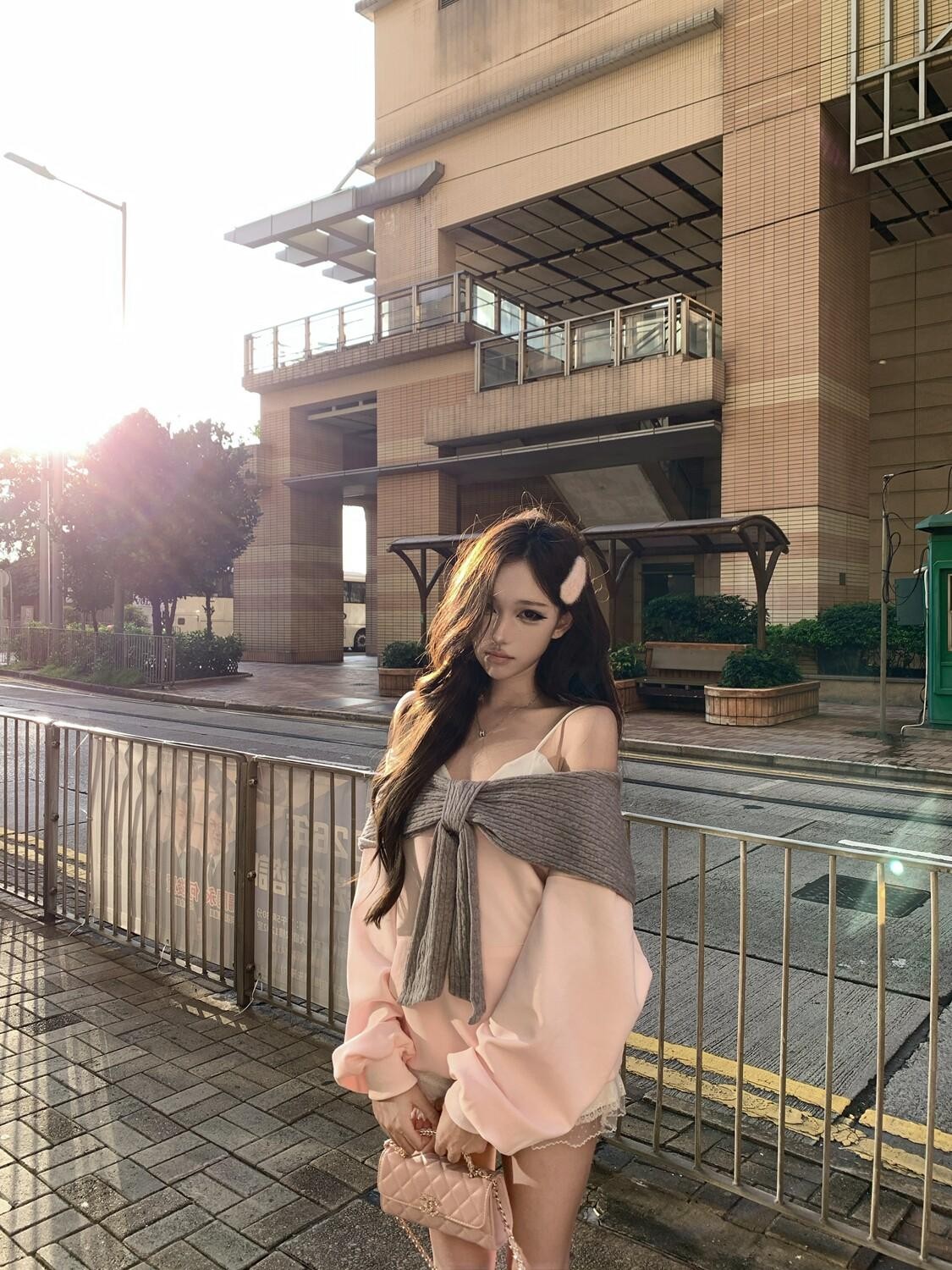 PoopyLii Girly Bow One Shoulder Contrast Hooded Women's Cotton Blend Hoodies
