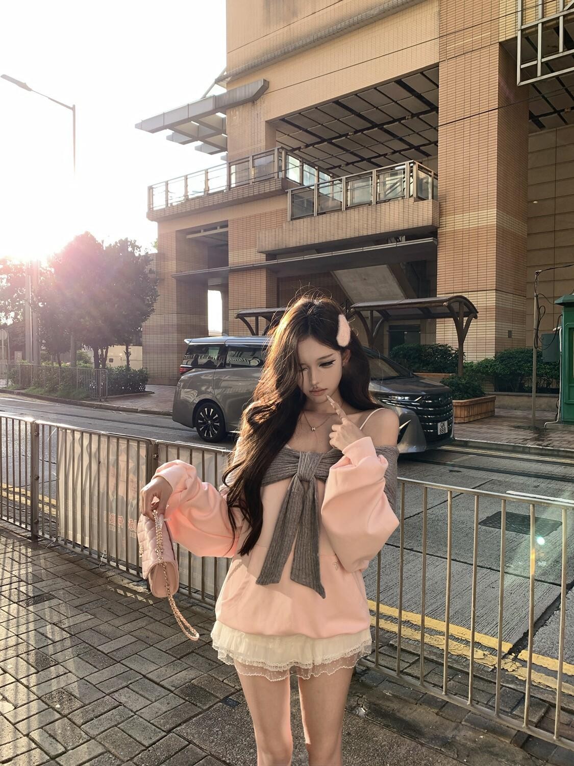 PoopyLii Girly Bow One Shoulder Contrast Hooded Women's Cotton Blend Hoodies