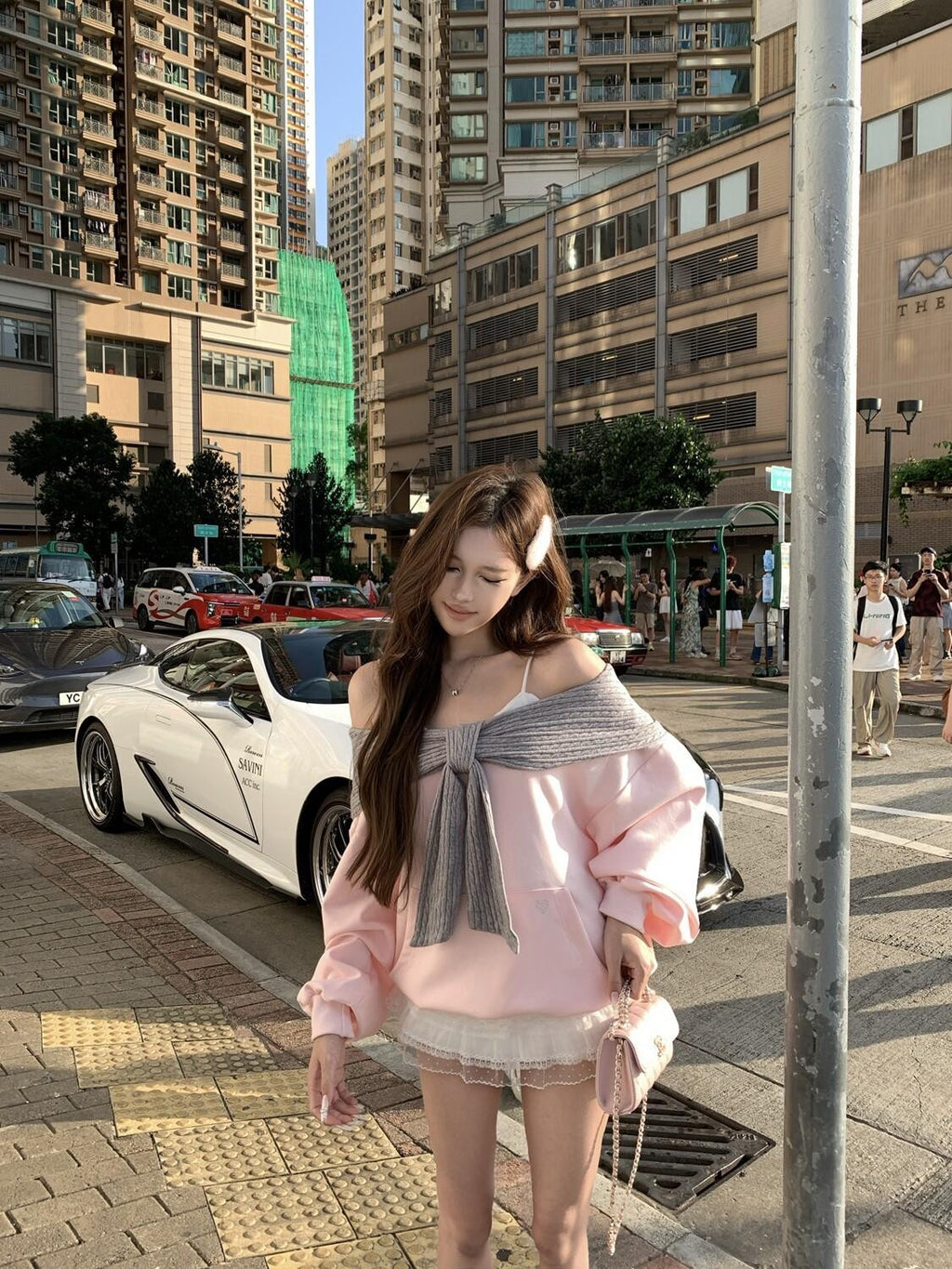 PoopyLii Girly Bow One Shoulder Contrast Hooded Women's Cotton Blend Hoodies