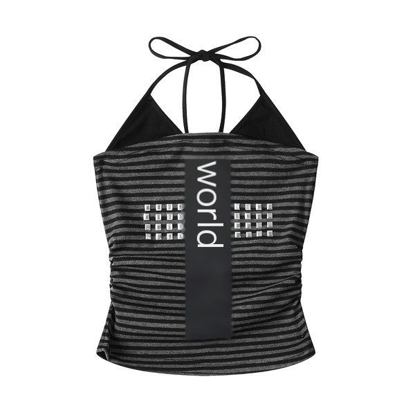 PoopyLii_Gray_Black_Striped_Ribbed_Slim_Short_Women's_Polyester_Spandex_Halter_Tops_1040594297140_MISSTT