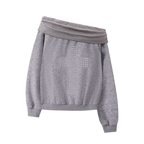 PoopyLii_Gray_Off_Shoulder_Beaded_Cross_Loose_Women's_Poly_Cotton_Sweatshirts_1070545891559_MISSTT