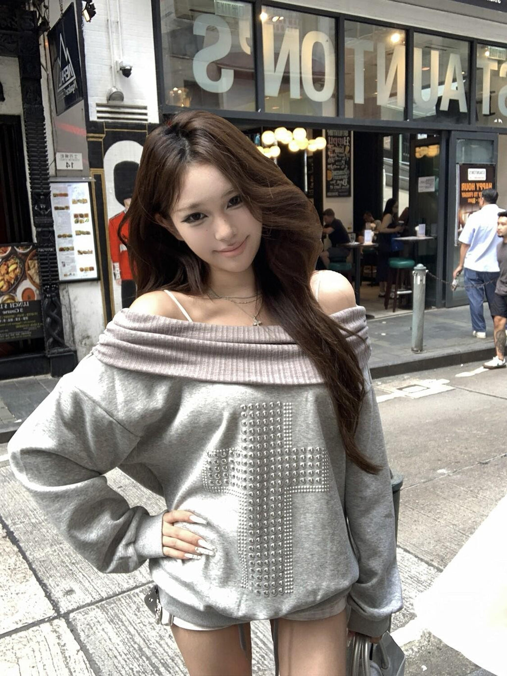 PoopyLii Gray Off Shoulder Beaded Cross Loose Women's Poly Cotton Sweatshirts