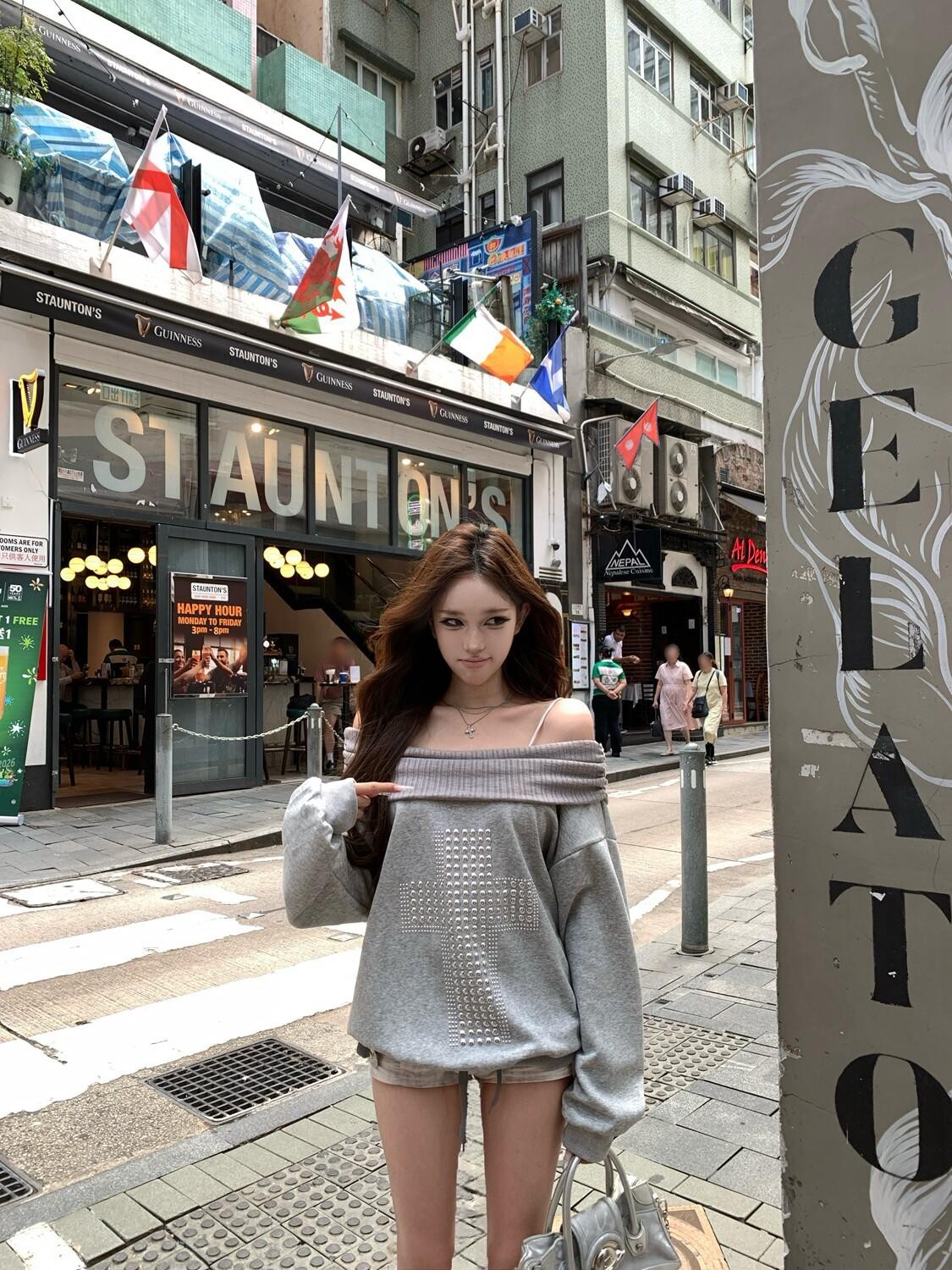 PoopyLii Gray Off Shoulder Beaded Cross Loose Women's Poly Cotton Sweatshirts