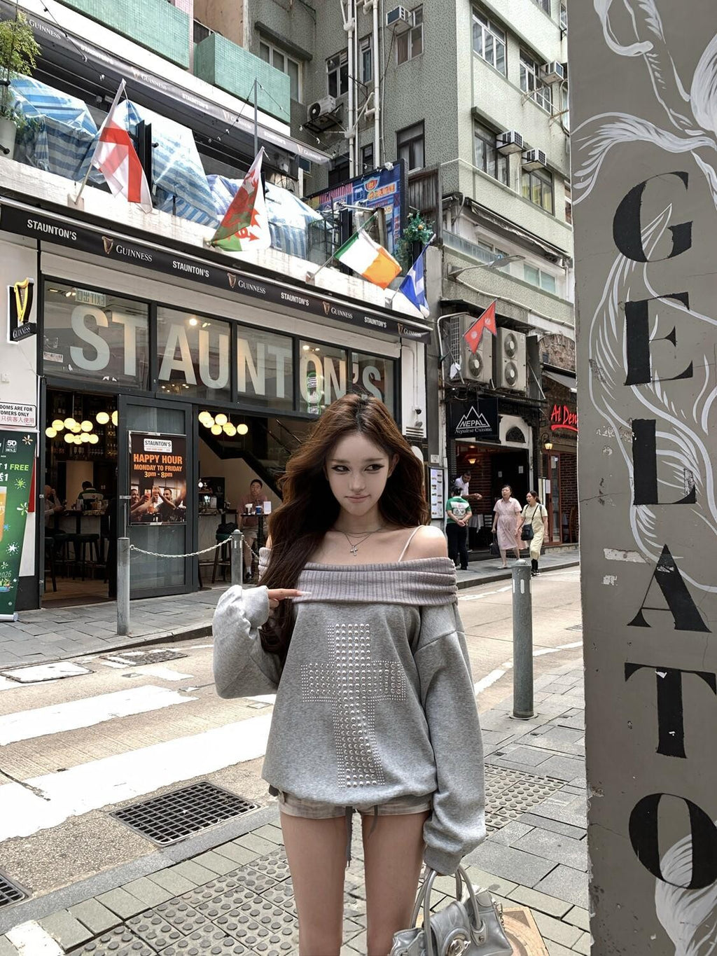 PoopyLii Gray Off Shoulder Beaded Cross Loose Women's Poly Cotton Sweatshirts