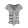 PoopyLii_Gray_Striped_Splicing_V-neck_Bow_Tie_Women's_Cotton_Slim_T-shirts_1039557599813_MISSTT