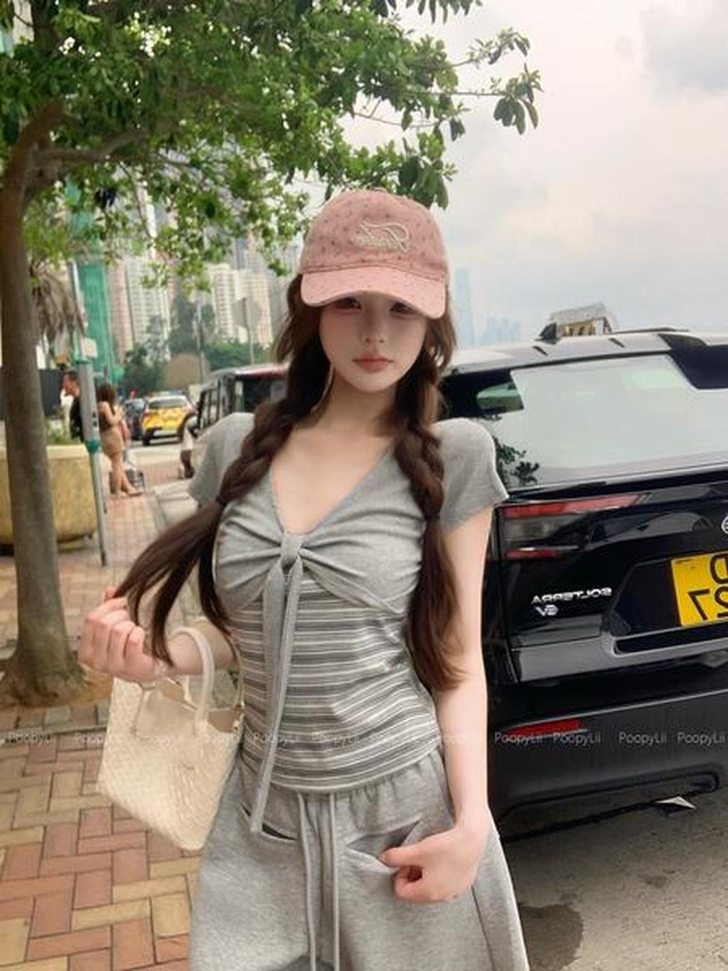 PoopyLii Gray Striped Splicing V-neck Bow Tie Women's Cotton Slim T-shirts