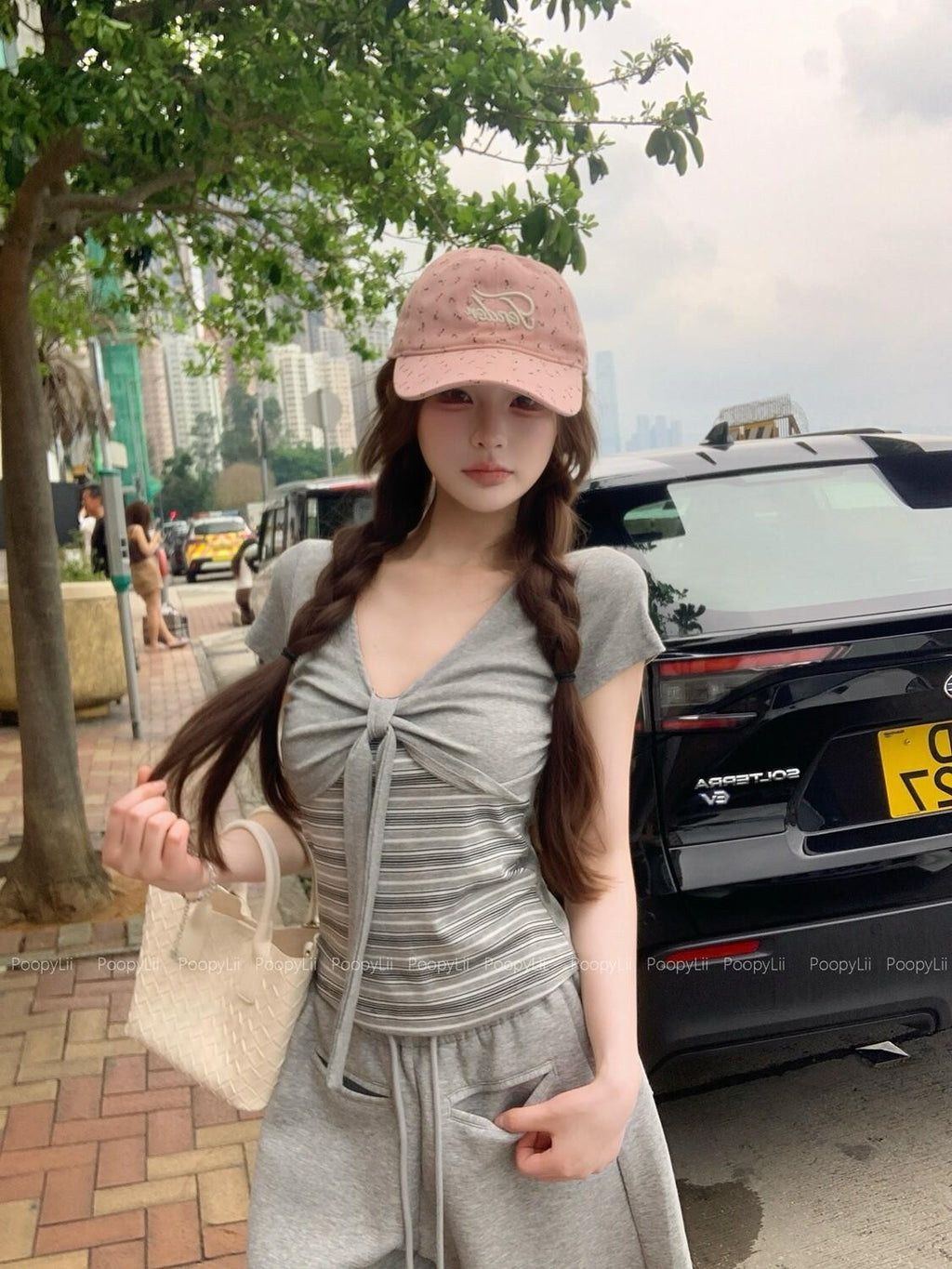 PoopyLii Gray Striped Splicing V-neck Bow Tie Women's Cotton Slim T-shirts