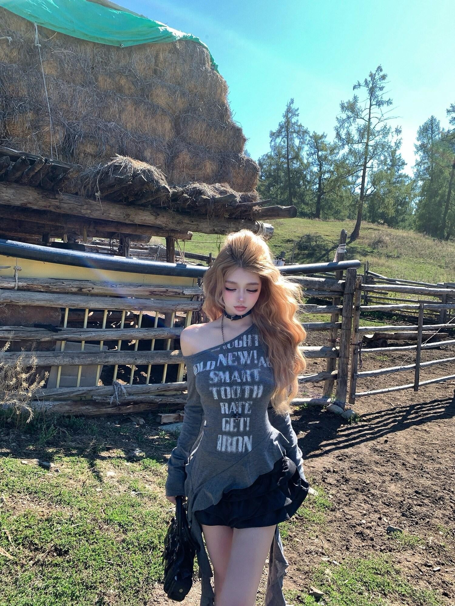 PoopyLii Irregular Long Sleeve Two Piece Slim Flare Denim Women's Off-shoulder T-shirts