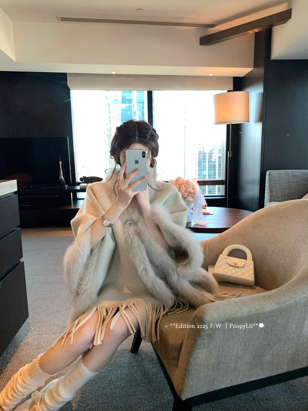 PoopyLii Khaki Fox Fur Tassel V-neck Women's Pure Sheep Wool Cape Coats