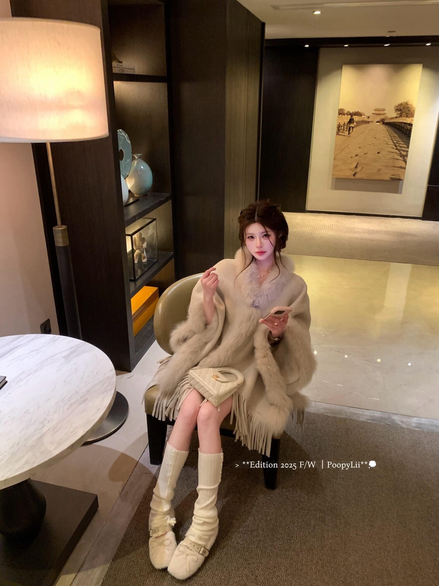PoopyLii Khaki Fox Fur Tassel V-neck Women's Pure Sheep Wool Cape Coats