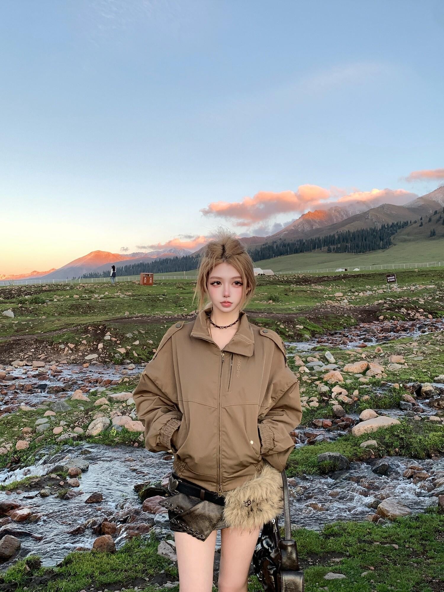 PoopyLii Khaki Stand Collar Embroidered Epaulette Women's Polyester Bomber Jackets
