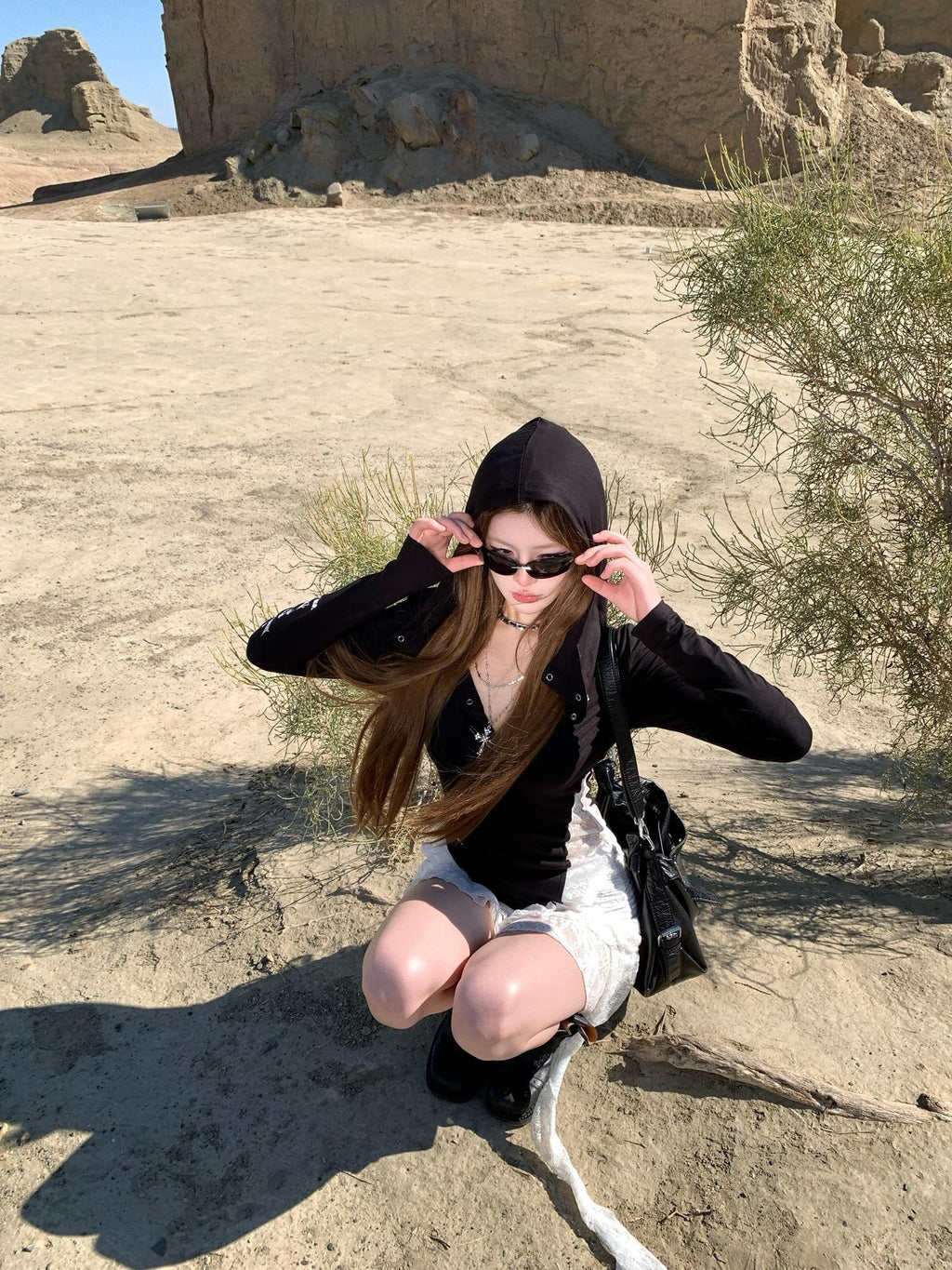 PoopyLii Lace Spliced Hooded Collar Slim Fit Women's Knit Long Sleeve T-shirts