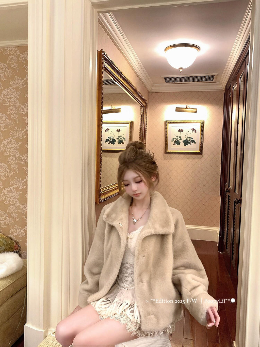 PoopyLii Lapel Snap Button Cropped Straight Women's Polyester Eco Faux Fur Coats