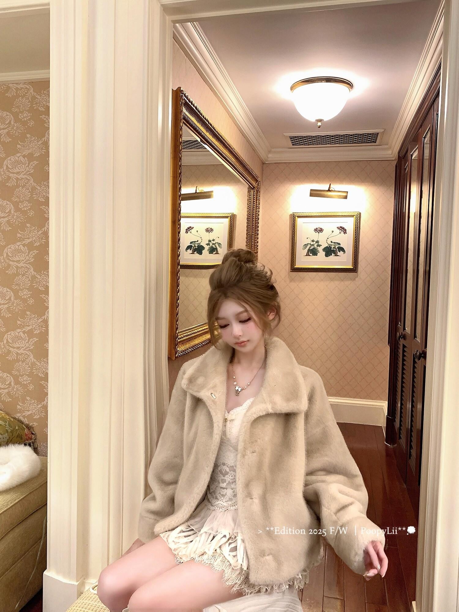 PoopyLii Lapel Snap Button Cropped Straight Women's Polyester Eco Faux Fur Coats